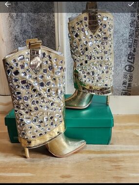 NEW! Lauren Lorraine Embellished Gold Mid-Calf Heeled Boots for Women,Sz 7,NWT